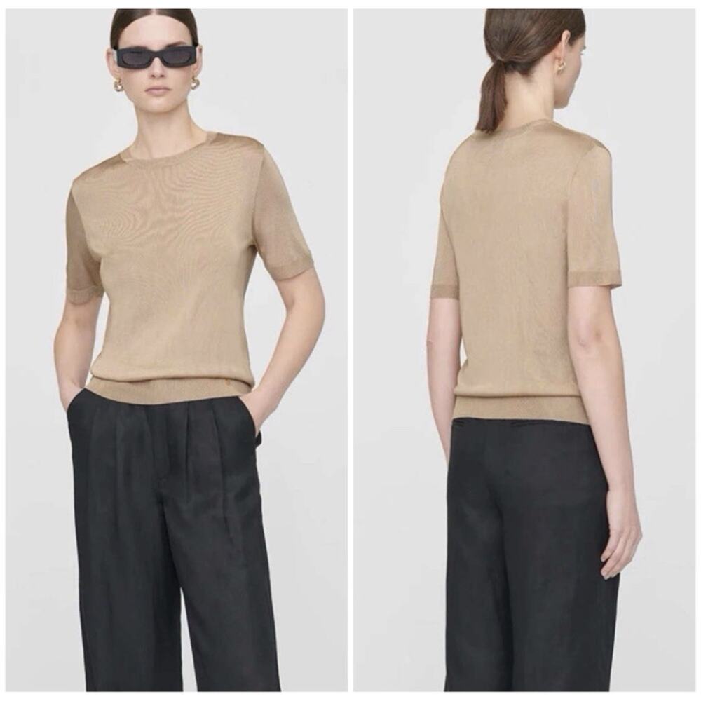 Anine Bing Atlas Short Sleeve Knit Sweater Camel Tan Small Quite Luxury B18